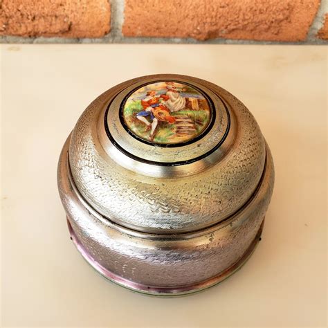 vintage metal music powder box|antique powder puff music box.